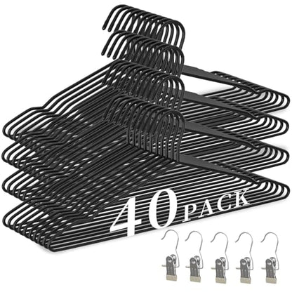 40Pack Heavy Duty Thickened and Reinforced Metal Hangers+5 Clothes Pins, Non-Slip Black Metal Hangers, Weight Capacity 50 lbs, Heavy Duty Hanger for Coats, Suits, Shirts, Dresses