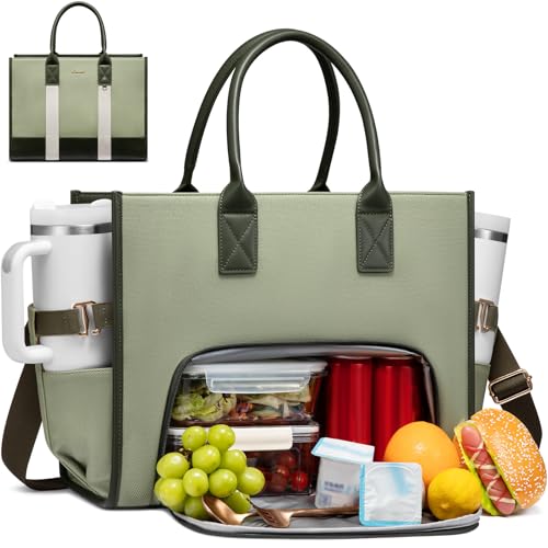LOVEVOOK Work Tote Bag with Lunch Compartment with Giant Tumbler Holder,15.6 Inch Waterproof 3 in 1 Lunch Bag Women Men Laptop Bag Purse Tote with Padded Sleeve for Teacher,Nurse,College,Travel,Office - color: Emerald green - Venetian green - Dark patina