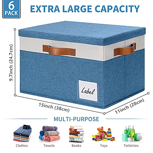 GhvyenntteS Fabric Storage Bins with Lid 6 Pack, Large Decorative Storage Boxes with Lids and Handles, Foldable Fabric Storage Baskets with Lid and Label for Home Office (Blue, 15" x 11" x 9.7") - color: Blue with White, size: Large-6 Pack