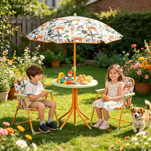 HONEY JOY Kids Picnic Table, Animal Themed Toddler Outdoor Table and Chair Set, 2 Folding Chairs & Removable Umbrella, Children Outdoor Furniture for Backyard Patio Garden (Green Tiger) - color: Green Tiger