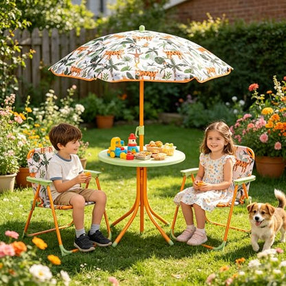 HONEY JOY Kids Picnic Table, Animal Themed Toddler Outdoor Table and Chair Set, 2 Folding Chairs & Removable Umbrella, Children Outdoor Furniture for Backyard Patio Garden (Green Tiger) - color: Green Tiger