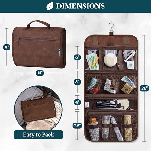 PAVILIA Hanging Toiletry Bag for Women Men, Large Foldable Toiletries Organizer with Hook, Water-Resistant Makeup Cosmetic Rollup Case, Clear Pockets for Bathroom, Gym, Cruise (Brown) - color: Brown