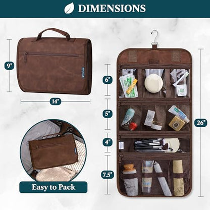 PAVILIA Hanging Toiletry Bag for Women Men, Large Foldable Toiletries Organizer with Hook, Water-Resistant Makeup Cosmetic Rollup Case, Clear Pockets for Bathroom, Gym, Cruise (Brown) - color: Brown