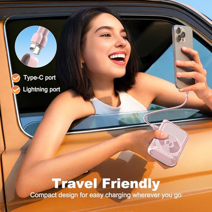 P05 Portable Charger, Magnetic Power Bank, Small Wireless PowerBank,Emergency Battery Pack 10000mAh Travel Essentials Fast Charging with Built in Cable, Wall Plug for iPhone,Samsung,Andriod (Pink) - color: Pink