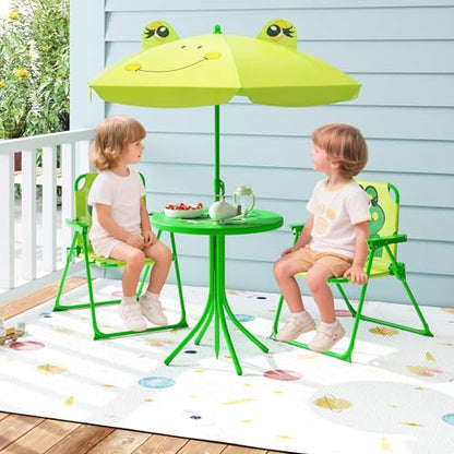 HONEY JOY Kids Picnic Table, Animal Themed Toddler Outdoor Table and Chair Set, 2 Folding Chairs & Removable Umbrella, Children Outdoor Furniture for Backyard Patio Garden (Light Green Frog) - color: Light Green Frog