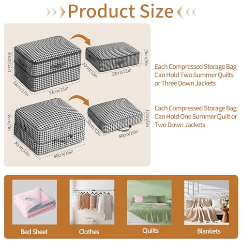 4 Pcs Self Compression Storage Bags, Large Capacity Ultra Space Saving Clothes Storage Bags for Sweater, Sheet, Bed, Blanket Storage Organizer with Window Handle, Comforter Bags with Zipper