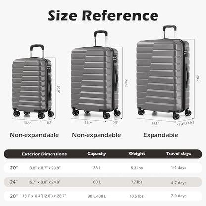 Coolife Luggage Sets, 3 Piece Hard Shell Suitcase Set with Spinner Wheels, Expandable Large Checked Luggage, Lightweight Rolling Carry On with TSA Lock Gray - color: gray, size: 3 Piece Set (20in/24in/28in)