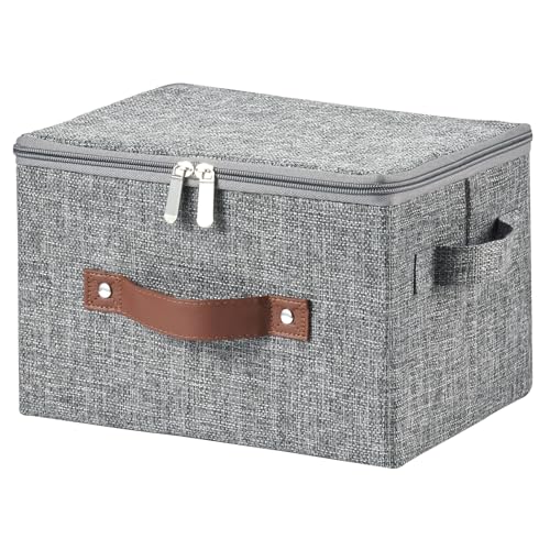 Storage Bins with Zipper Lid Cotton Linen Fabric Lidded Storage Baskets Boxes Foldable Washable Closet Shelf Clothes Organizer Container with PU Leather Handles (Gray, Small Size) - color: Gray, size: Small ( Set of 1 )