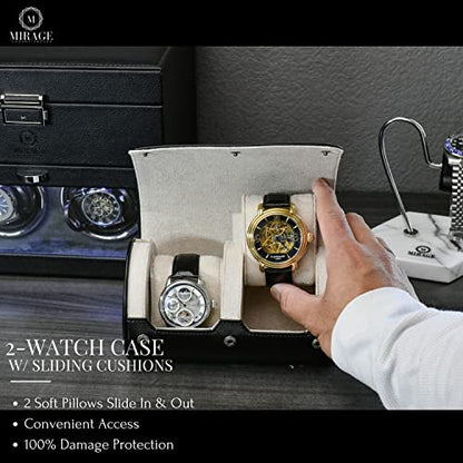 2 Watches Travel Case for Men - Mirage Watch Roll - Jade Black/Ivory White Vegan Leather - color: Jade Black/Ivory 2-watch case
