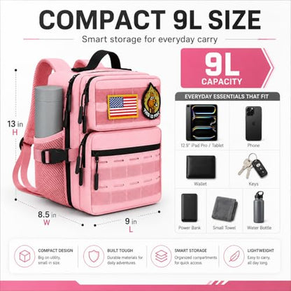 9L Mini Tactical Molle Backpack 9L Small Gym Bag Small Military Assault EDC Backpack for Men Women With Fishing,Hiking,Camping,Traveling,Yoga,Work(Pink) - color: Pink