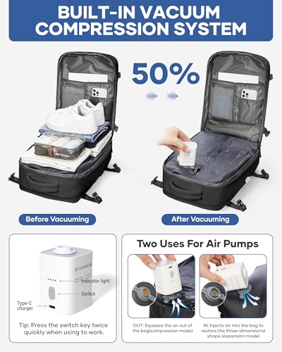 Vacuum Backpack Travel with Pump,Large Travel Backpack with Vacuum System,Mochila compresion al vacio,Flight Approved 18x14x8,Waterproof Carry on Personal Item Laptop Backpacks,Black - color: A1-black-with Pump