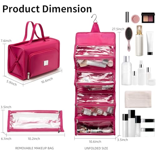 ROYALFAIR Roll Up Makeup Bag, Waterproof Toiletry Bag for Women, Hanging Travel Organizer bags with Jewelry Organizer Compartment, Extra Large 4 Clear TSA Approved Pouches Cosmetic Makeup (pink) - color: Pink