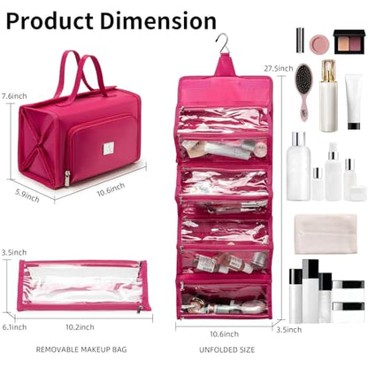 ROYALFAIR Roll Up Makeup Bag, Waterproof Toiletry Bag for Women, Hanging Travel Organizer bags with Jewelry Organizer Compartment, Extra Large 4 Clear TSA Approved Pouches Cosmetic Makeup (pink) - color: Pink
