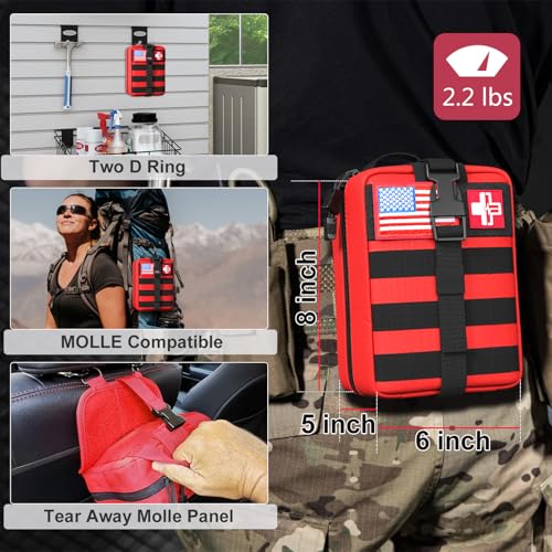 First Aid Kit,Survival Gear Outdoor Tactical Gear Set Military Grade Molle System for Camper Travel Hunting Hiking and Adventures（RED） - color: Red