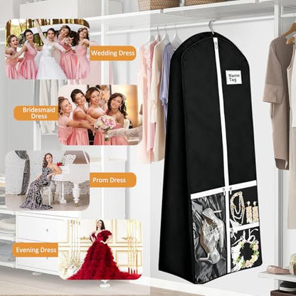 72" Wedding Dress Garment Bag with 10'' Gusseted Dress Bags for Gowns Long 4 Pockets Dress Bag Garment Storage Cover for Women, Black