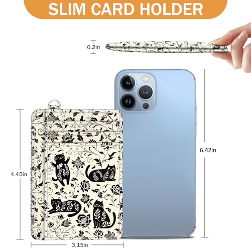 Yonlevres Card Holder Small Wallet Women, Black Cat Flowers RFID Blocking Slim Cute Credit Card Wallet, Front Pocket Travel Thin ID Window PU Leather Mini Organizer Case Purse Gifts Woman Girls Ladies - color: Cat Floral