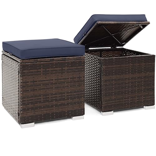 Tangkula 2 Pieces Patio Ottomans, Patiojoy Hand-Woven PE Rattan Side Table with Removable Cushion & Hidden Storage Space, Multifunctional Storage Box, Seat for Patio, Backyard, Poolside (Navy) - color: Navy, size: 16"D x 16"W x 15.5"H
