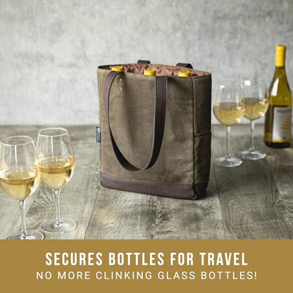 PICNIC TIME 2 and 3 Bottle Insulated Wine Bag, Distressed Waxed Canvas Wine Tote, Durable Bottle Carrier Bag for Gifts and Travel with Side Pockets & Removable Divider (Khaki Green with Brown Accents) - style: 3 Bottle
