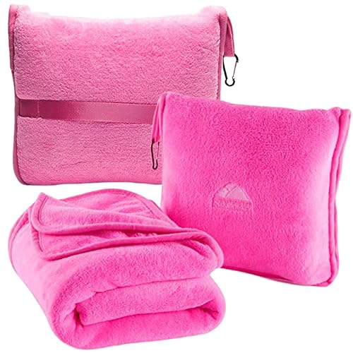 BlueHills Premium Soft Travel Blanket Pillow Airplane Blanket Packed in Soft Bag Pillowcase with Hand Luggage Belt and Backpack Clip, Compact Pack Large 2 in 1 Combo for Any Travel (Pink T004) - color: Pink-1pk-t004
