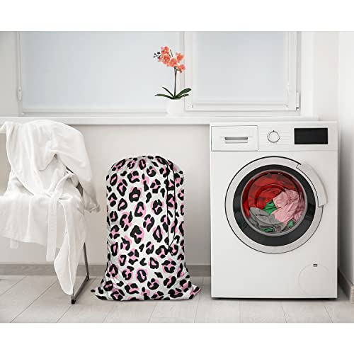 Swono Leopard Print Laundry Bags With Drawstring XL Storage Bags 28"x40", Heavy Duty Multi Use, Animal Skin Repeat Pattern Washable Dirty Clothes Organizer, Easy Fits Laundry Hamper Basket, Pink Black - color: Leopard Print