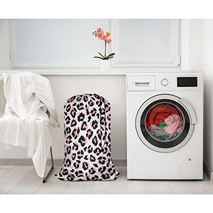 Swono Leopard Print Laundry Bags With Drawstring XL Storage Bags 28"x40", Heavy Duty Multi Use, Animal Skin Repeat Pattern Washable Dirty Clothes Organizer, Easy Fits Laundry Hamper Basket, Pink Black - color: Leopard Print