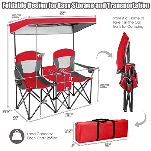 S AFSTAR Double Camping Chair w/Shade Canopy, 2-Person Folding Camp and Beach Chair with Mini Table Beverage Cup Holder Carrying Bag, Collapsible Camping Chairs for Garden Patio Pool Beach - color: Red