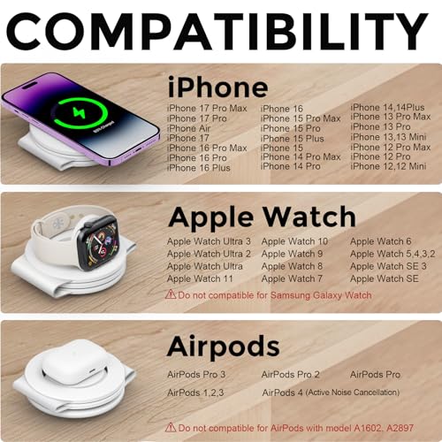 Hicober 3 in 1 Wireless Charging Station for iPhone 15, Magnetic Foldable Travel Charger Station Stand 18W for iPhone Air 17 16 15 14 13 12 Pro/Max/Plus/Apple Watch All Series & Airpods - color: B-White