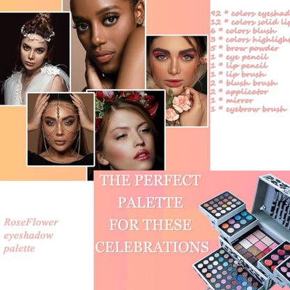 RoseFlower Make up Set All-in-One Professional Makeup Kit Eyeshadow Palette Gift Set Makeup Essential Starter Kit Blush Face Make-up palette Highly Pigmented Cosmetic Bundle