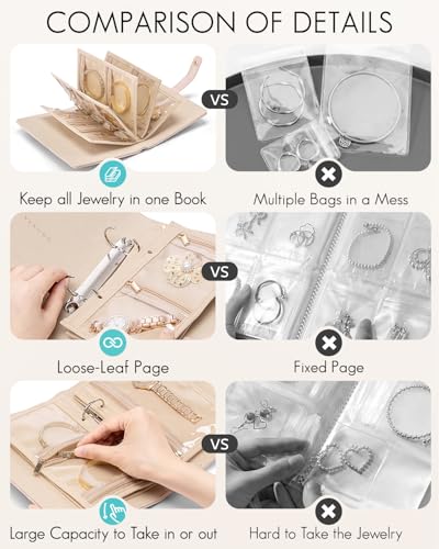 VLANDO Travel Jewelry Organizer Case,Jewelry Storage Book Ring Binder with Clear Zipper Velvet Pouch Bag for Travel Essentials,Rings,Necklace,Earrings,Bracelets,Brooches,Gifts for Women-Sand Pink - color: 06.Sand Pink