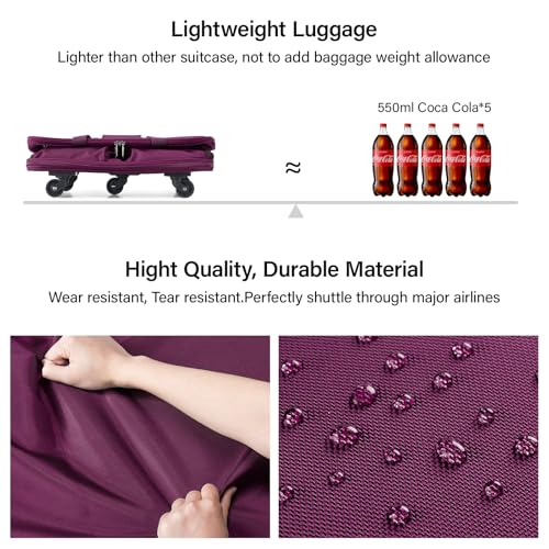 Hanke Expandable Large Suitcase 4 Wheels Lightweight Collapsible,Foldable Suitcases &Travel Bags Hand Luggage Extend 20/24/28 inch Suitcases Duffel Bag Without Telescopic Handle for Men & Women - color: Purple Upgrade Version 2