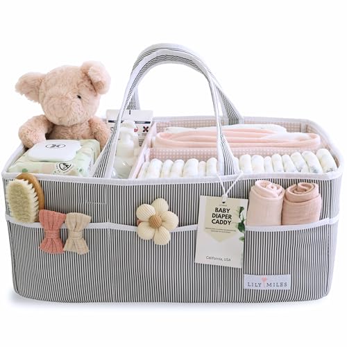 Lily Miles Baby Diaper Caddy - Organizer Tote Bag for Baby Girl Essentials - Baby Shower Basket - Nursery Must Haves - Registry Favorites - Newborn Caddie Car Travel - Gray/Blush, Extra Large - color: Gray/Blush, size: Extra Large