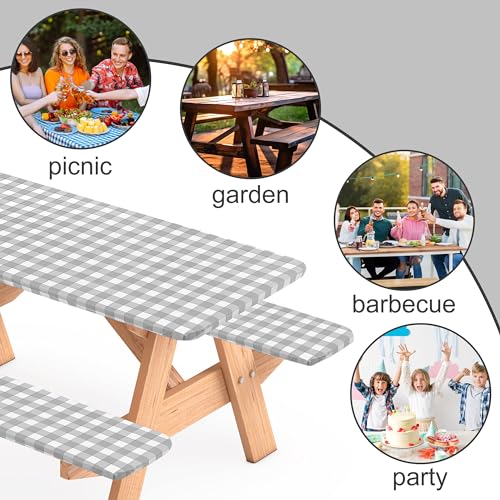 3 Pcs Set Fitted Picnic Table Cover with Bench Covers Vinyl Camping Table Cloth Flannel Backing Picnic Table Cloth for 6ft Tables Camping Outdoor (Gray Checked, 30 x 72 Inches) - color: Gray and White Plaid