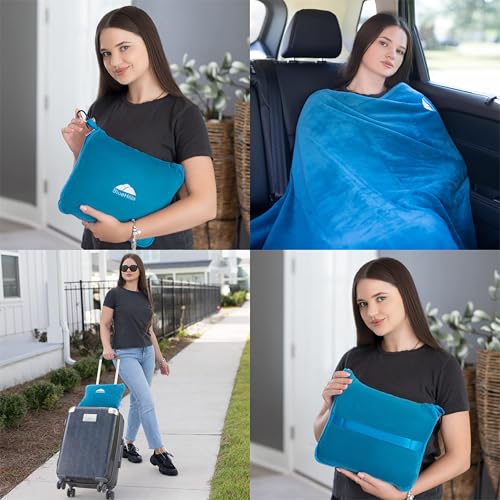 BlueHills Premium Soft Travel Blanket Pillow Airplane Blanket in Soft Bag case with Hand Luggage Belt and Carabiner Compact Pack Large Cozy Plane Car Train Teal Blue T022 - color: Tealblue-1pk-t022