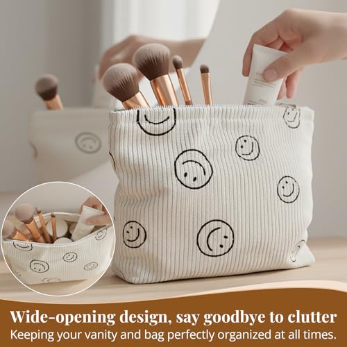 Corduroy Makeup Bag - Smiley Face Cosmetic Bags for Women, Large Skincare Travel Must Have Items, Cute Pouch Organizer and Toiletry Bag for Purse (Beige) - color: Beige