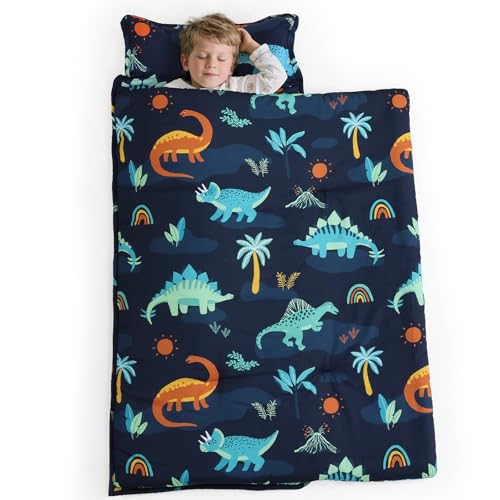 PHF Soft Toddler Nap Mat with Removable Pillow, Rollup Design Kids Sleeping Mat, Slumber Bags for Boys, 55"x23" Toddler Sleeping Bag for Daycare Preschool Travel Camping, Large Navy Dinosaur - color: Large Navy Dinosaur
