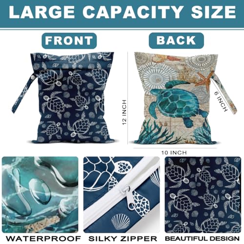 2Pcs Turtle Wet Bag 12x10 Inch, Starfish Waterproof Reusable Wet Dry Bags, Sea Weed Washable Travel Laundry Bags for Swimsuit Beach Diapers Dirty Yoga Gym Clothes, Sea Turtle Gifts for Women Friend - color: Multicolor 1338