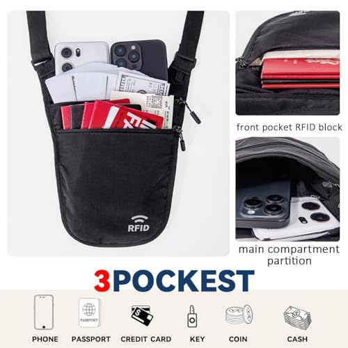 Crossbody Money Belt for Travel Women & Men Hidden, Travel Wallet Pouch - Slim Passport Holde, RFID Blocking Neck Wallet Under Clothes to Protect Cash, Credit Cards and Documents (KHAKI) - color: KHAKI