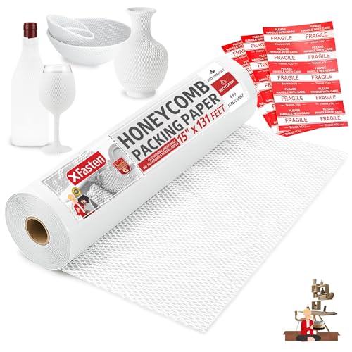 XFasten White Honeycomb Packing Paper for Moving 15-Inch x 131-Feet Bubble Honeycomb Wrap, Honeycomb Wrapping Paper for Packing Cushion with 30 Fragile Stickers Packaging Material - color: White, size: 15-Inch x 131-Feet