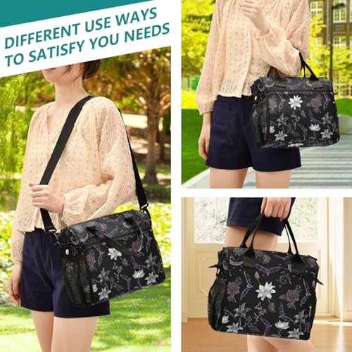 Bat Floral Black Lunch Bag & Lunch Box for Women with Adjustable Shoulder Belt Insulated Portable Lunch Tote Bag Cooler Bag for Girls Travel Office Picnic（Medium） - color: lunch 30, size: Medium