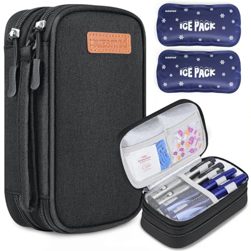 suzamed Insulin Cooler Travel Case, Double Layer Medicine Kit Diabetes Travel Case, Portable Medicine Organizer with 2Pack 150g Ice Pack TSA Approved for Insulin Pens Diabetic Supplies (Black) - color: Black