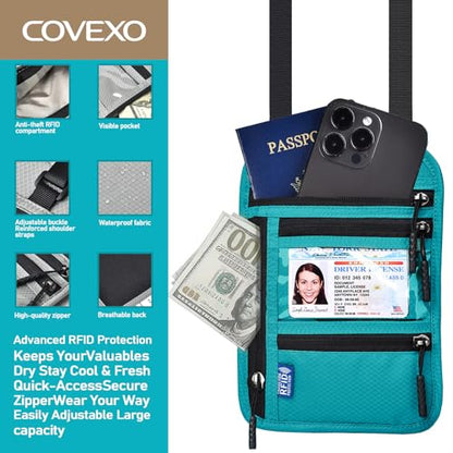 Neck Wallet for Travel, RFID Blocking Passport Holder - Slim Travel Pouch with Adjustable Strap | Holds Phone, Cards, Cash, Documents | Water-Resistant & Secure for Men & Women - color: Blue