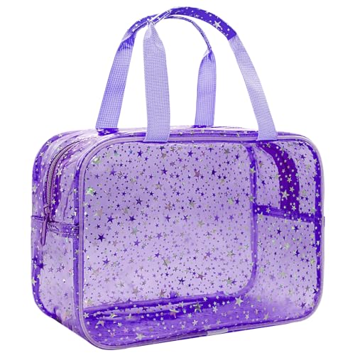 Clear Purple Star Large Makeup Bag with Star Pattern 12x5x8 inch, Travel Cosmetic Bag with Handle, Durable PVC Material Washbag Zipper Opening Design for Makeup Travel Organizer or Gym Use - color: Purple, style: Star