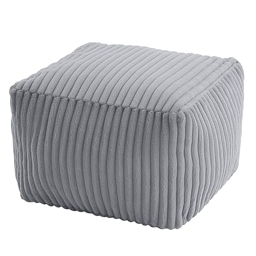 MeMoreCool Square Stuffed Pouf Ottoman Foot Rest, Stripe Furry Floor Pouf Foot Stool with Foam Chunk Filling, Soft Fluffy Stuffed Ottoman Footrest for Living Room, Faux Fur Grey - color: Ribbed Light Grey