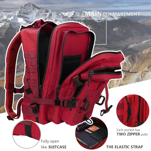 Hannibal Tactical MOLLE Assault Backpack, Tactical Backpack Military Army Camping Rucksack, 3-Day Pack Trip w/USA Flag Patch, D-Rings, Red - color: Red