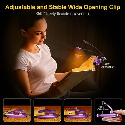 Gritin Rechargeable Book Light for Reading in Bed with 19 LED &Memory Function-Eye Caring 3 Color Temperatures,5 Brightness Levels,90 Hrs Runtime Flexible Goose Neck Clip on Light-Dark Purple - color: Dark Purple