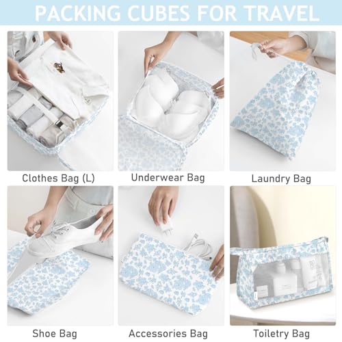 8 Set Packing Cubes for Travel, Luggage Packing Organizers Accessories Large Toiletries Bag for Clothes Shoes Cosmetics (Blue Flower) - color: 8Set-Blue Flower