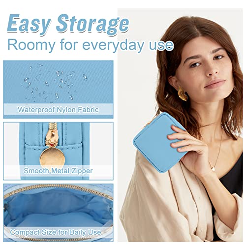 Nylon Mini Makeup Bag for Purse, Preppy Small Cute Makeup Bag Cosmetic Zipper Pouch Purse, Waterproof Travel Coin Pouch Sanitary Napkin Storage Bag Clutch Make Up Organizer Bag for Women Girls(Blue) - color: Blue, size: Mini