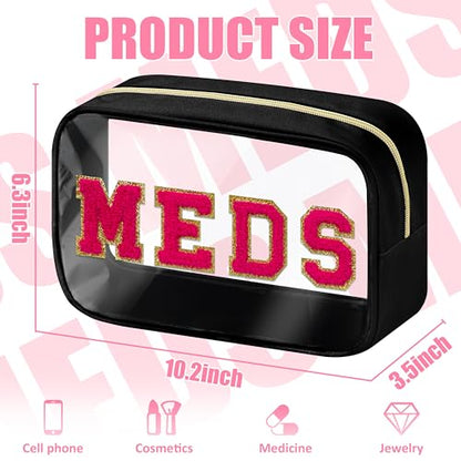 BuyCard Clear Meds Chenille Letter Nylon Makeup Bag - Portable Preppy Patch Cosmetic Toiletry Travel Storage Medicine Bag With Zipper for Women Girls Black - color: MEDS-Black, style: 1 Pcs-clear