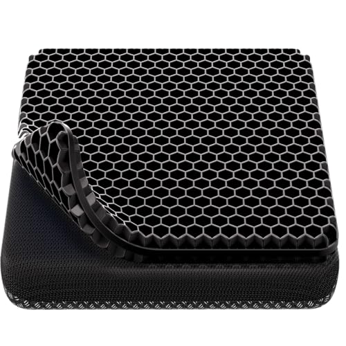 Gel Seat Cushion, Cooling Thick Big Breathable Honeycomb Design Absorbs Pressure Points Seat Cushion with Non-Slip Cover for Office Chair Home Cars Wheelchair - color: Black