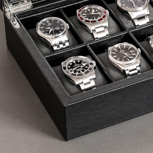 ROTHWELL 10 Slot Leather Watch Box - Luxury Case Display Jewelry Organizer - Locking Watch Display Case Holder with Large Glass Top - Box Organizer for Men and Women (Black/Grey) - color: Black / Grey